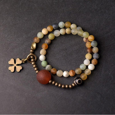 Yellow Jade & Tibetan Dzi Bead Lucky 4 Leaf Clover OPTIMISM Bracelet